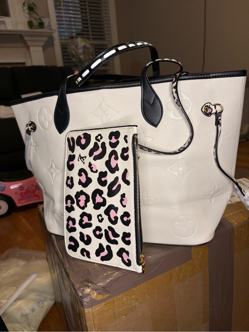 White Tote with Pink Leopard Insert and Black Trim - Luxury Embossed Style